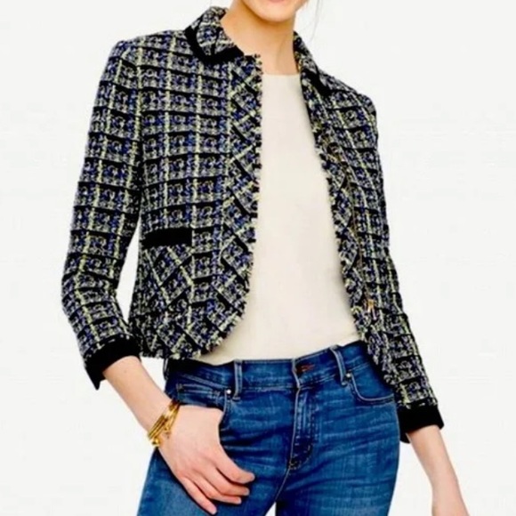 Ann Taylor Jackets & Blazers - NWT Ann Taylor Blue and Yellow Plaid Tweed Zip Front Blazer Jacket Sz 0